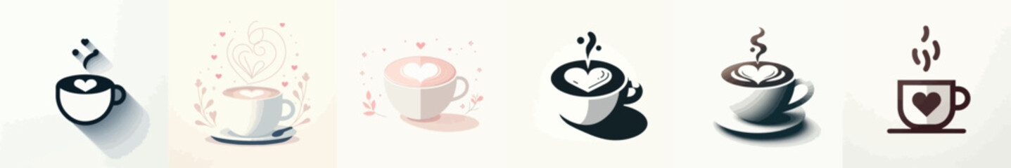 Cup of coffee icon with heart foam. Valentine's Theme. Vector, minimalist, illustration, icon set.