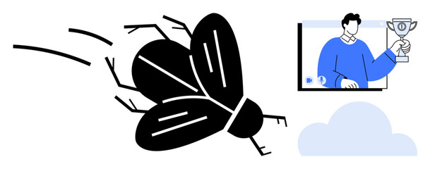 Black insect in flight alongside a digital screen showing a man holding a trophy, blending themes of nature, achievement, digital communication, technology. Ideal for motivation, awards, innovation