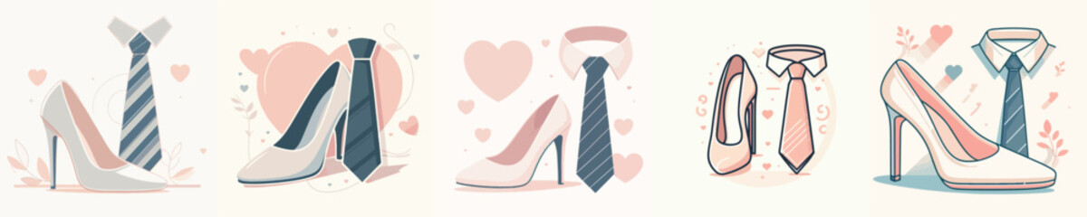 High heel and tie icon. Valentine's Theme. Vector, minimalist, illustration, icon set.