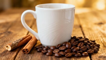Roasted brown coffee beans and textured cinnamon sticks surrounding a bright white ceramic mug resting on rustic wooden planks.