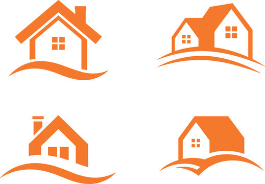 Collection of orange house icons with abstract wavy lines representing landscape or home design