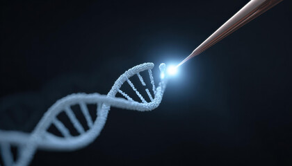 Precise concept of genetic engineering and biotechnology research. glowing blue DNA double helix strand being manipulated for science, medicine, and future technology