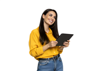 Digital Delights: A woman, immersed in technology, her smile reveals her contentment as she uses tablet