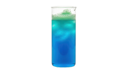 Isolated full lab beaker containing a blue liquid topped by a light green layer for a chemical lab