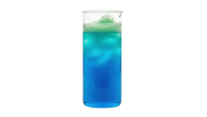 Isolated full lab beaker containing a blue liquid topped by a light green layer for a chemical lab
