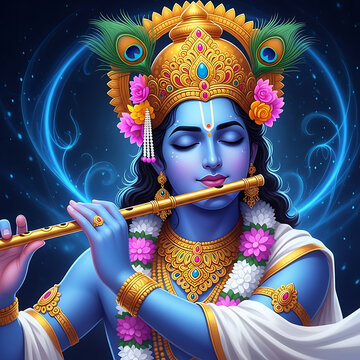 Divine Lord Krishna playing golden flute with eyes closed against glowing blue ethereal background