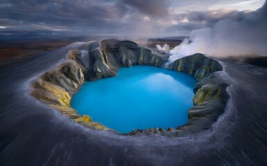 Aerial view of volcanic crater lake with turquoise water and steam, geothermal landscape background, active volcano caldera, dramatic nature scenery, acid pool, travel concept.