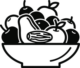 Hand drawn illustration of fruit in a bowl with a date