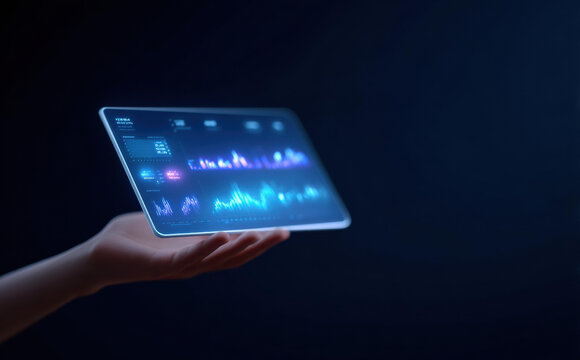 Hand holding futuristic tablet with glowing blue interface. Data visualization on transparent screen shows modern technology and innovation with feeling of wonder - Powered by Adobe