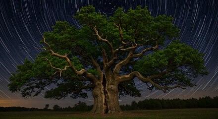 Ancient Oak Tree with Star Trails at Night