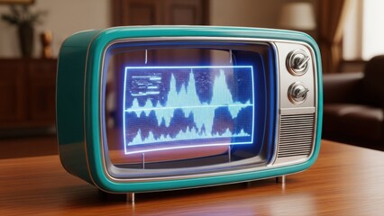Retro turquoise television displaying futuristic digital wave graph interface, blending vintage style and advanced technology.