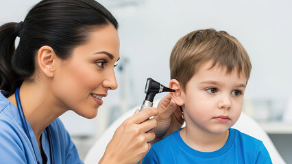 Fototapeta premium Nurse examining young boy's ear with otoscope in clinic 