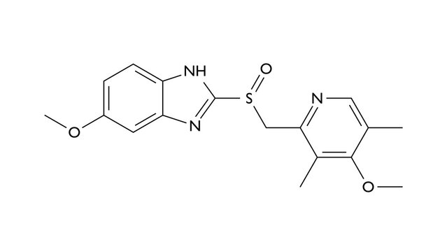 esomeprazole molecule, structural chemical formula, ball-and-stick model, isolated image proton pump inhibitor