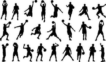 Collection of black silhouettes of basketball players in various poses and actions white background