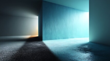 Minimalist architecture with teal walls, light casting through doorways, and reflective floors for modern design