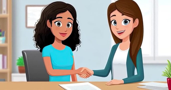 Two women shaking hands at desk office agreement