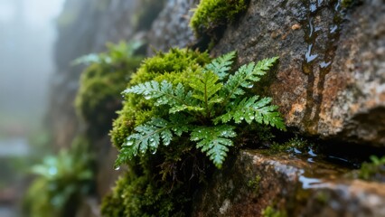 Wet bright green fern frond and vibrant velvety moss clinging to a rough brown granite wall in foggy morning light.