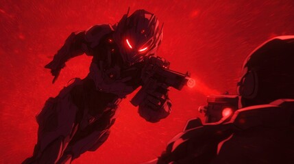 Futuristic Combat Robot Engaged in Gunfight with Enemy in Red Background