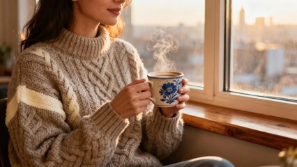 Brunette woman in a beige cable knit turtleneck sweater holds a steaming hot beverage mug sitting by a sunlit window.
