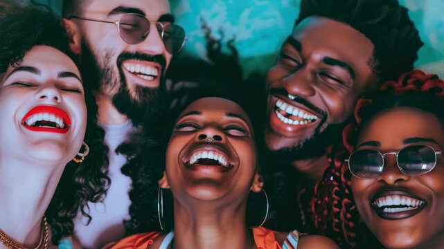 A group of five diverse friends, laughing and smiling together with their heads thrown back in happiness, suggesting a shared joke or a lighthearted conversation.