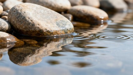 Rounded river stones partially submerged in shallow water reflecting on the surface where small ripples form.