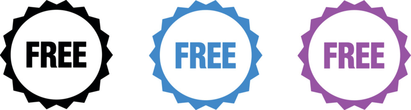 Three colorful starburst badges with the word free in the center. isolated