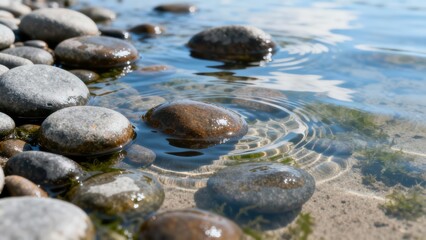 Rounded gray and brown stones partially submerged at the edge of clear blue water creating surface ripples.