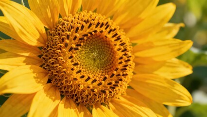 Bright yellow Helianthus annuus sunflower head details illuminated by strong summer sunlight, emphasizing the central seed disk texture.