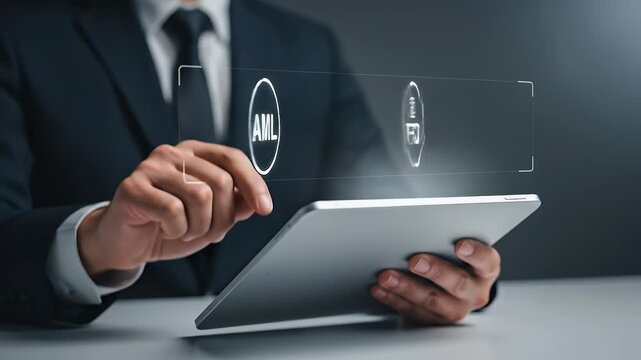 Businessman in Dark Suit Touching AML CFT Icons Above Tablet on Gray Table