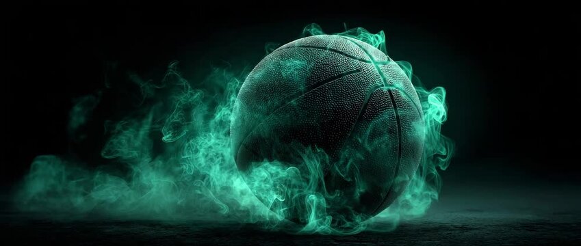 A smoky black background with a flashing green basketball