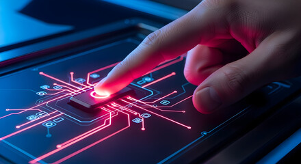 Close-up of a Finger Touching a Glowing Microchip Circuit Board.