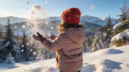 Young Girl Playing with Snow Outdoors on Sunny Winter Day &mdash; Joyful Winter Lifestyle Photography