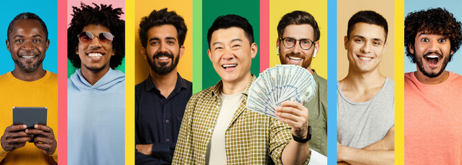 Fototapeta premium Seven men stand together on a vibrant set, celebrating with smiles. One man holds a stack of cash, showcasing excitement. The background features bright colors, enhancing the joyful atmosphere.