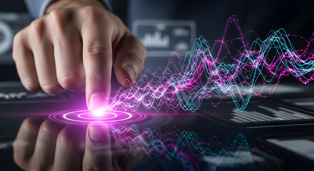 Close-up of a hand interacting with a glowing digital interface displaying complex data visualizations.