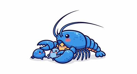 Adorable Blue Lobster Family with Babies Cute Cartoon Illustration.