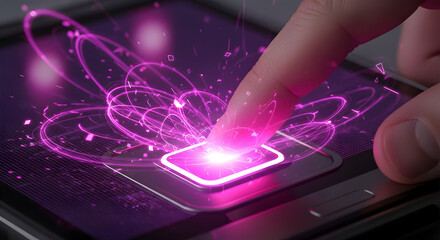 Fingerprint Scan Technology with Futuristic Pink Energy Pulses.