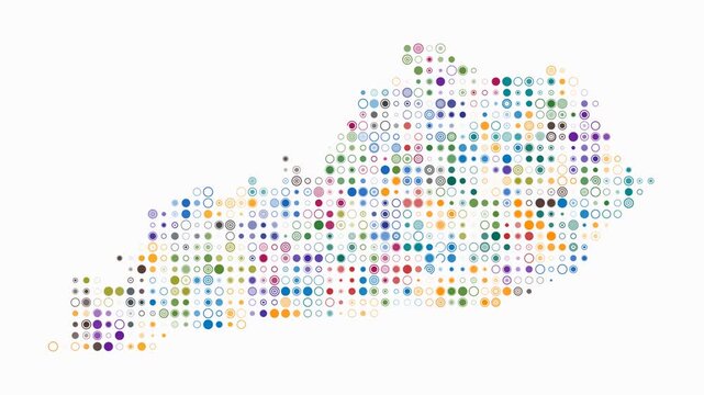 Kentucky animated shape. Pulsating colored dots on the map of the state. Small size circle blocks. Digital style Kentucky map on white background. Awesome animation video.