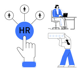 HR concept. HR tools for managing recruitment, analyzing employee performance, and evaluating satisfaction. HR systems for hiring workflows, team performance, and human resource planning