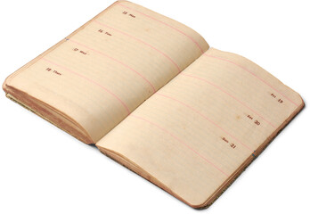 open vintage planner with yellowed pages, weekly schedule layout isolated white background, antique diary with empty lined paper in closeup and with copy space