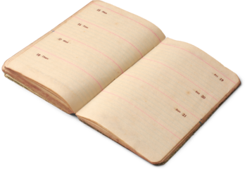 open vintage planner with yellowed pages, weekly schedule layout isolated white background, antique diary with empty lined paper in closeup and with copy space