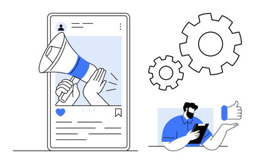 Online advertising, business strategy, audience engagement, brand communication, social media management, user interaction. Smartphone with megaphone, gear icons, professional working on a tablet
