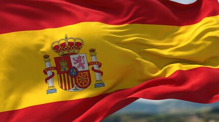Waving flag of spain against scenic background national flag display vibrant outdoor setting captivating viewpoint © Alexar_JavaCreator