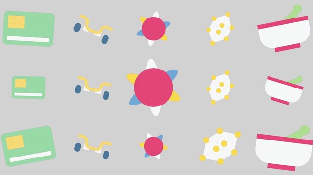 Top-Down View of Colorful Circular Objects and Rectangles on a White Background Abstract Graphic Design