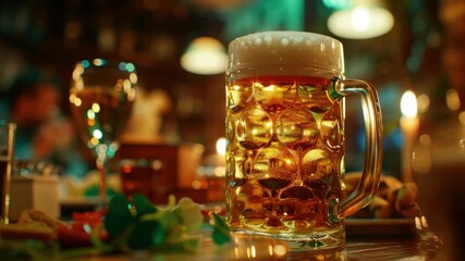 Pitcher of beer with frothy top on wooden table at bar