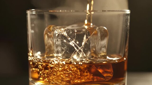 Clear ice cube cracking as amber liquid pours into glass