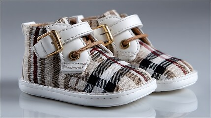 Plaid baby boots with white straps and gold buckles, stylish infant footwear
