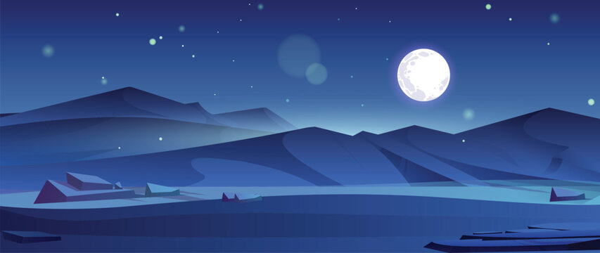 Cartoon night nature landscape full moon shining in sky with stars above field, mountain and rocks. Dark heaven with moonlight romantic fantasy background, midnight twilight.