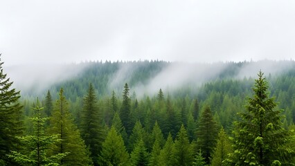 Fototapeta premium Dense evergreen coniferous forest covering a mountainside, partially obscured by low-hanging white fog and mist on an overcast day.