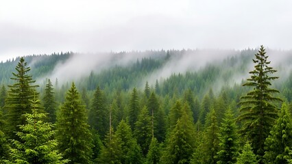 Dense evergreen coniferous forest covering a mountainside, partially obscured by low-hanging white fog and mist on an overcast day.