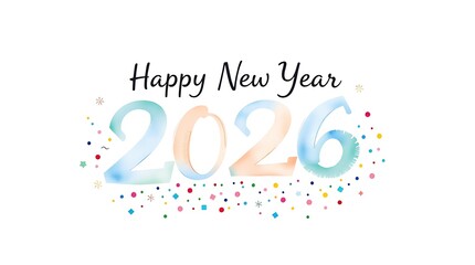 Watercolor style happy new year 2026 greeting card design with colorful confetti and festive elements